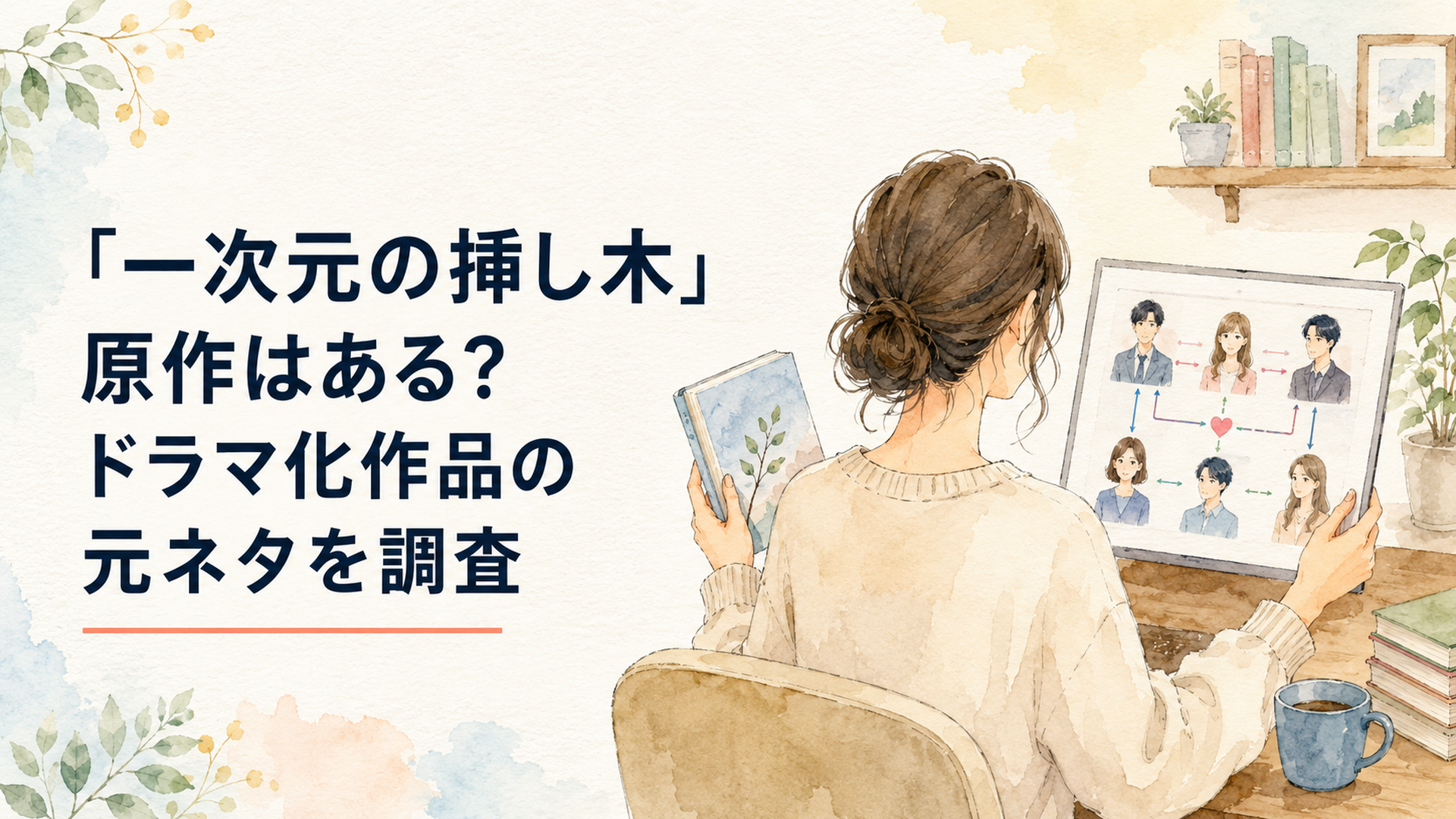 文庫本を手に取りながらドラマの相関図を見比べる女性のイメージ