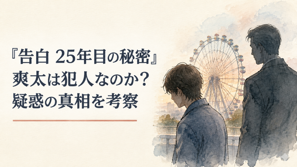 観覧車を背景に不安げな表情を浮かべる主人公と、彼を見つめる刑事の影