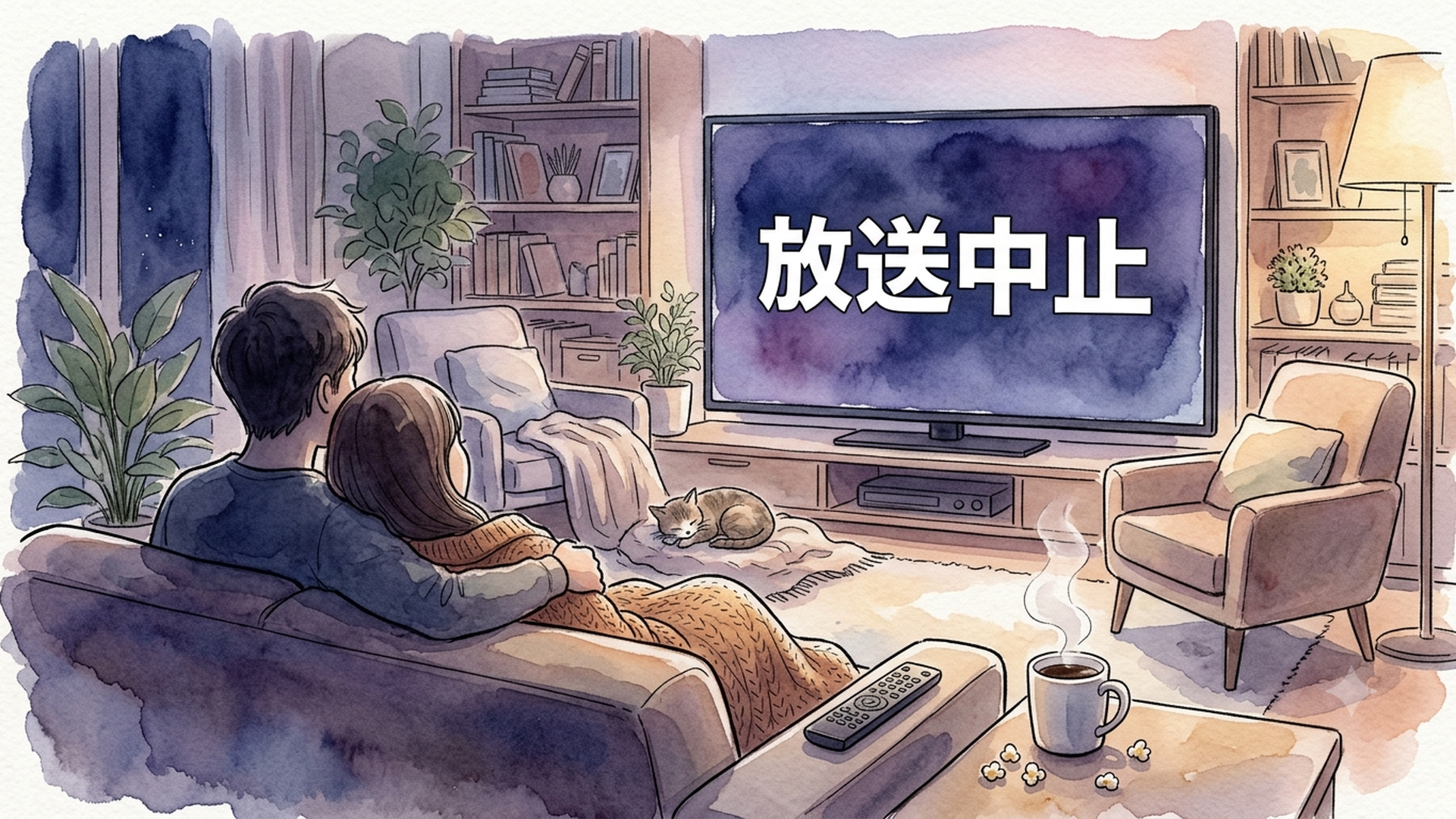 暗いテレビスタジオに置かれた「放送中止」の文字が浮かぶモニター