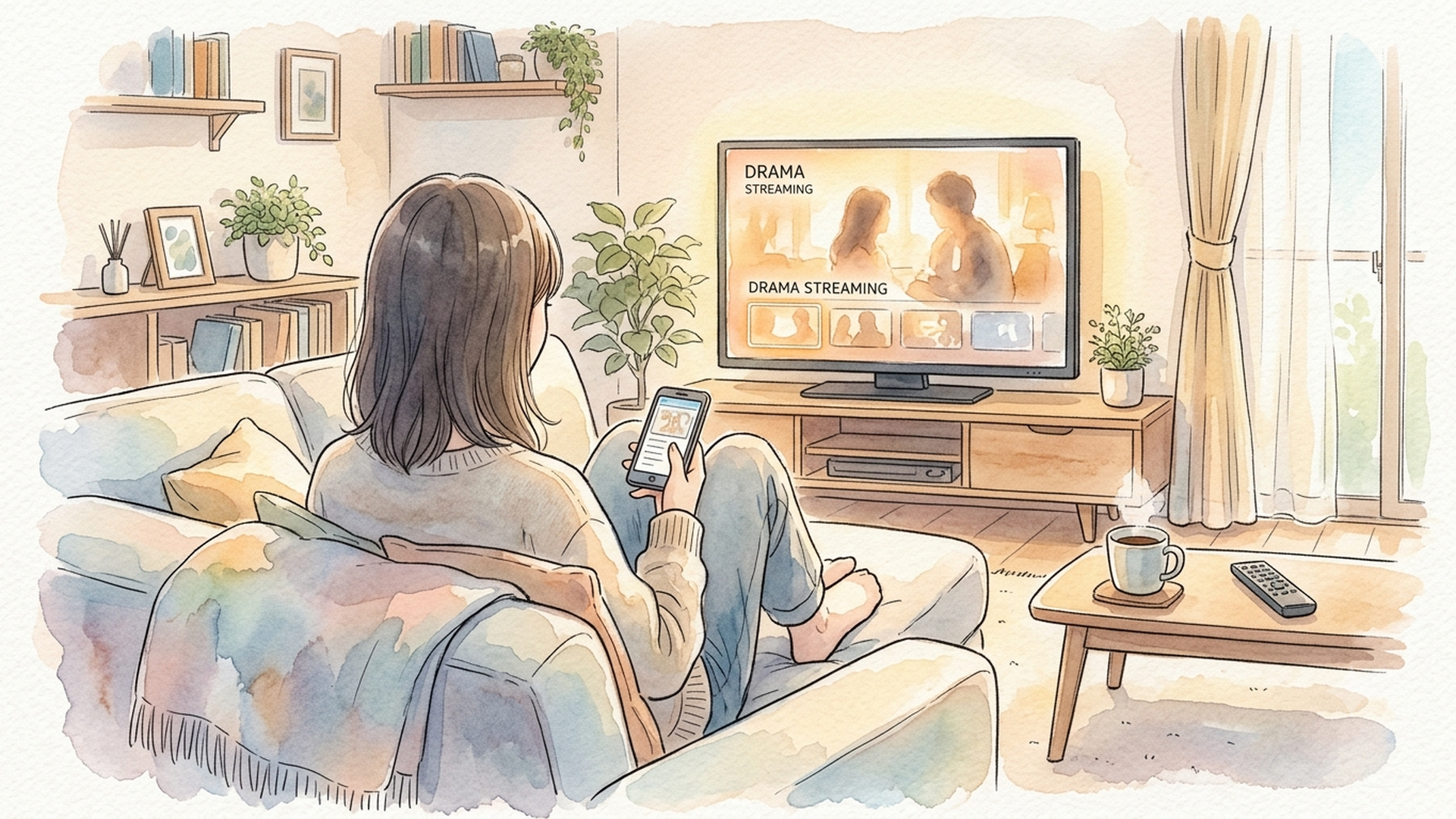 ソファでスマートフォンとテレビを使って配信ドラマを視聴する様子