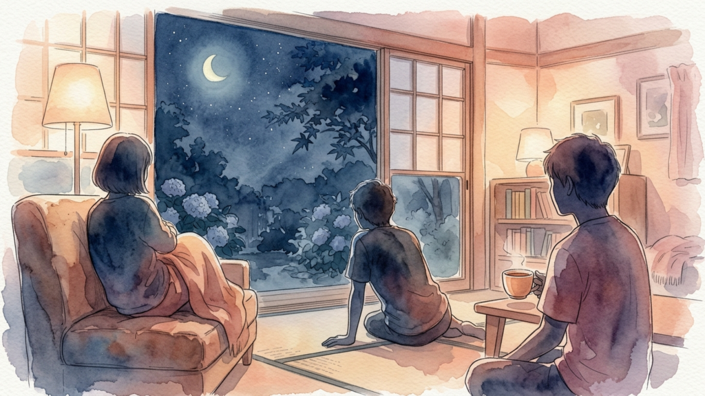 夏の夜に過去の記憶と向き合う登場人物たちの静かなシーン