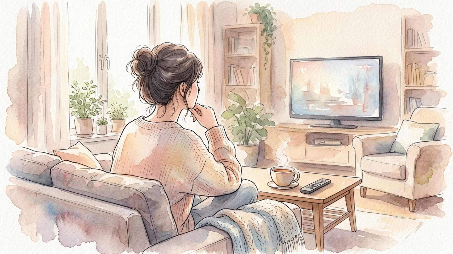 窓際でテレビ画面を見つめながら考え込む女性の後ろ姿