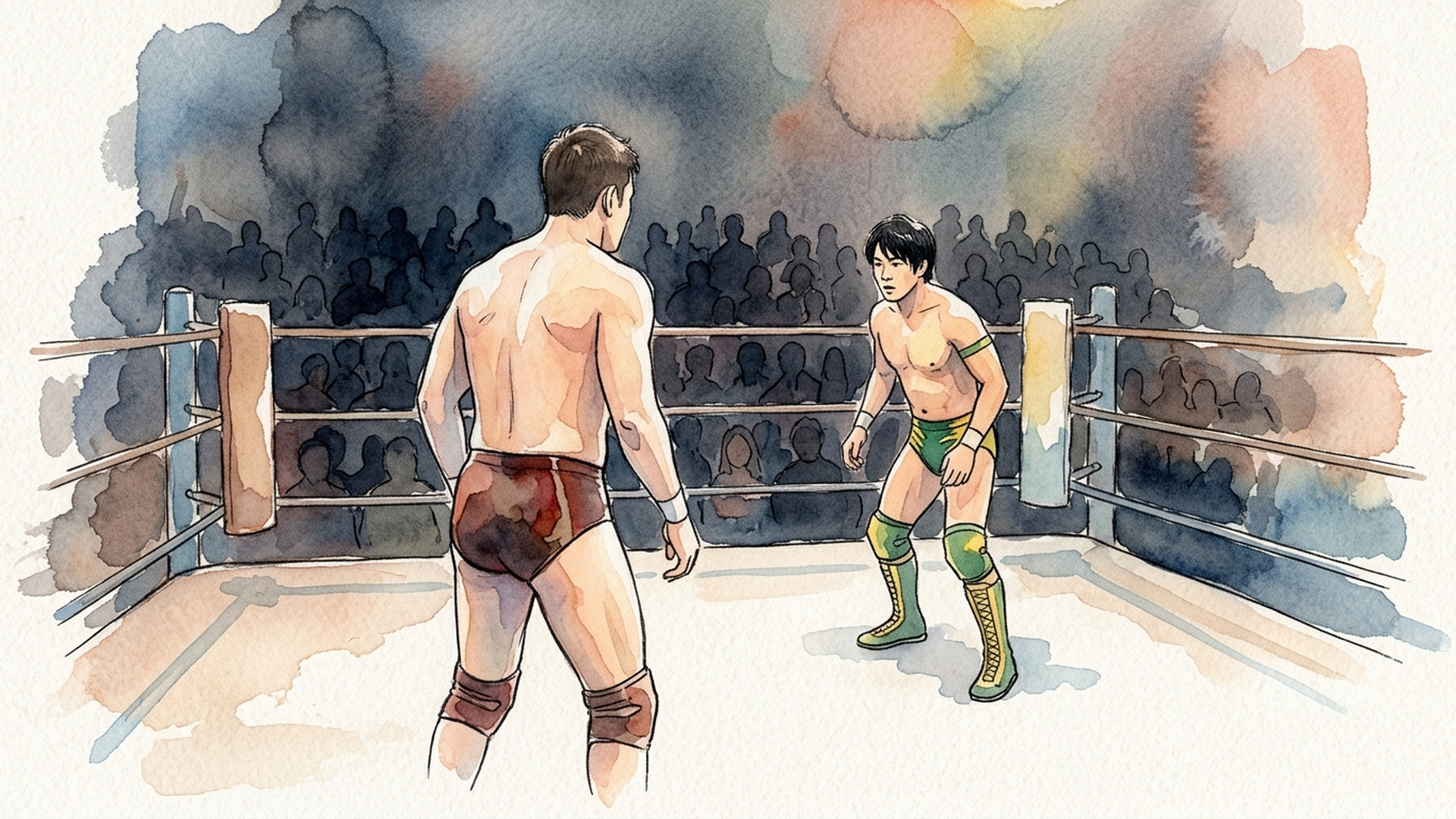 リング上で対峙する二人のプロレスラーと緊迫した観客席