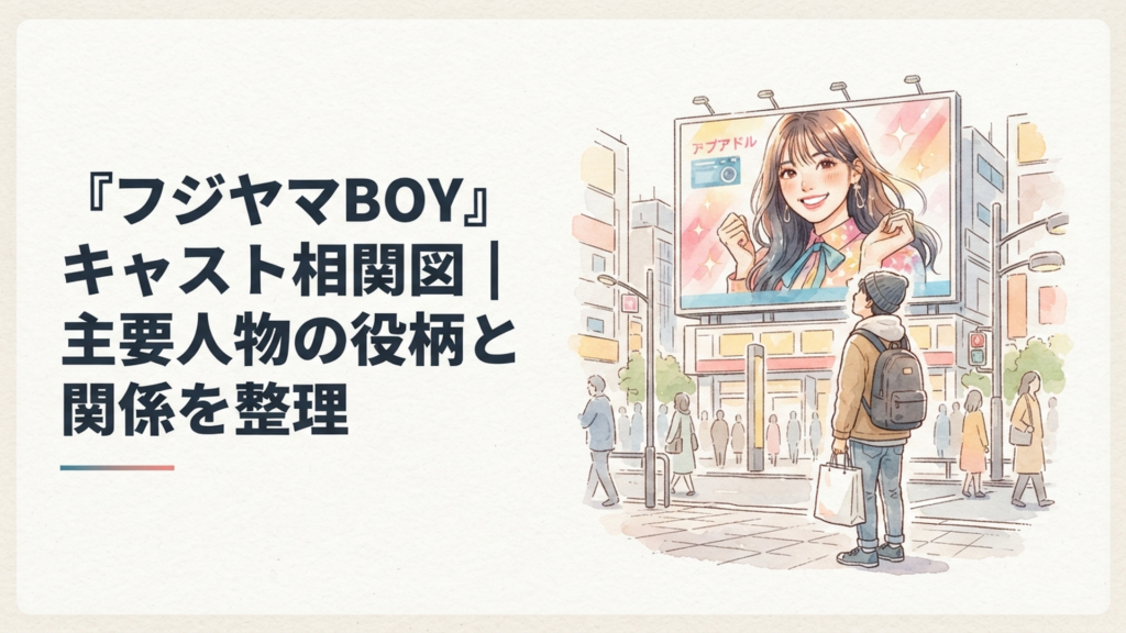 巨大なトップアイドルの広告を見上げる不器用な男性を描いたヒューマンコメディ風の場面