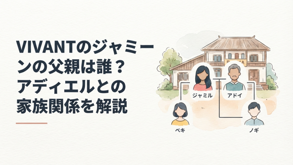 バルカの家を背景にジャミーンと父アディエル、ベキ、乃木の関係を整理した人物相関イメージ