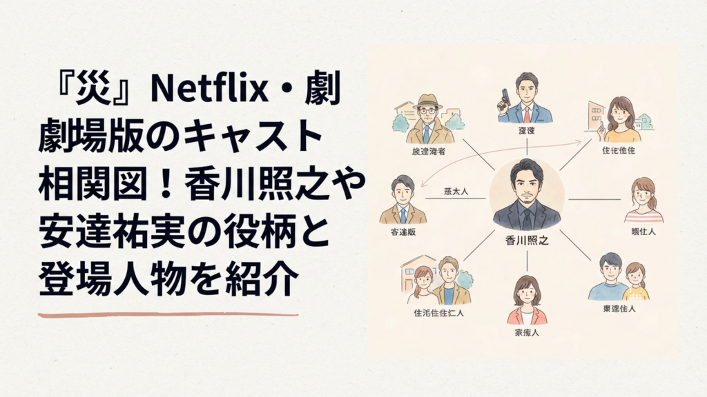 香川照之演じる謎の男を中心に刑事たちと異なる土地で暮らす人々が配置された不穏な人物相関イメージ