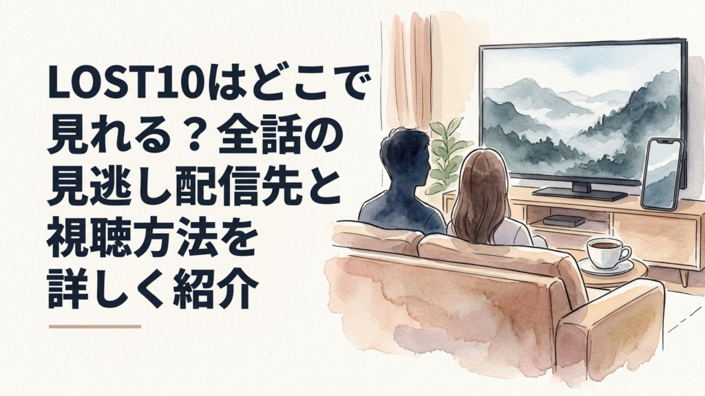 北海道の霧深い山岳地帯が映る大型テレビと、動画配信サービスを比較するスマートフォンを配置した落ち着いたリビング。ネイビーとシルバーを基調に、静かな緊張感と大人のくつろぎを両立した映画的ビジュアル。実在作品の映像・人物・ロゴ・文字なし